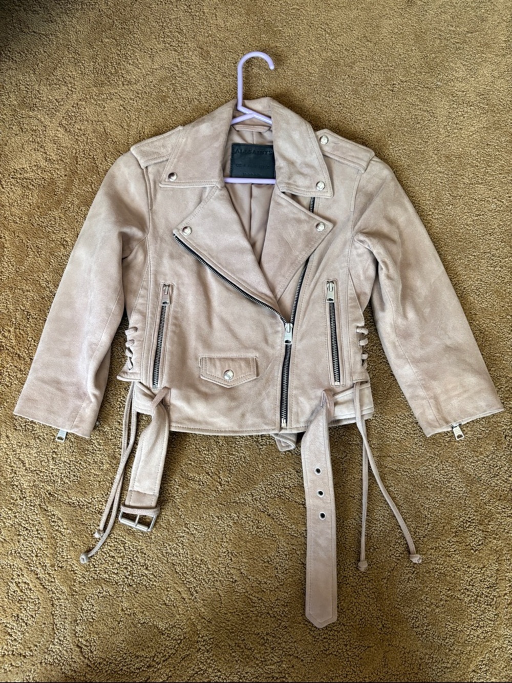 AllSaints Tan Suede Moto Jacket with Belt
